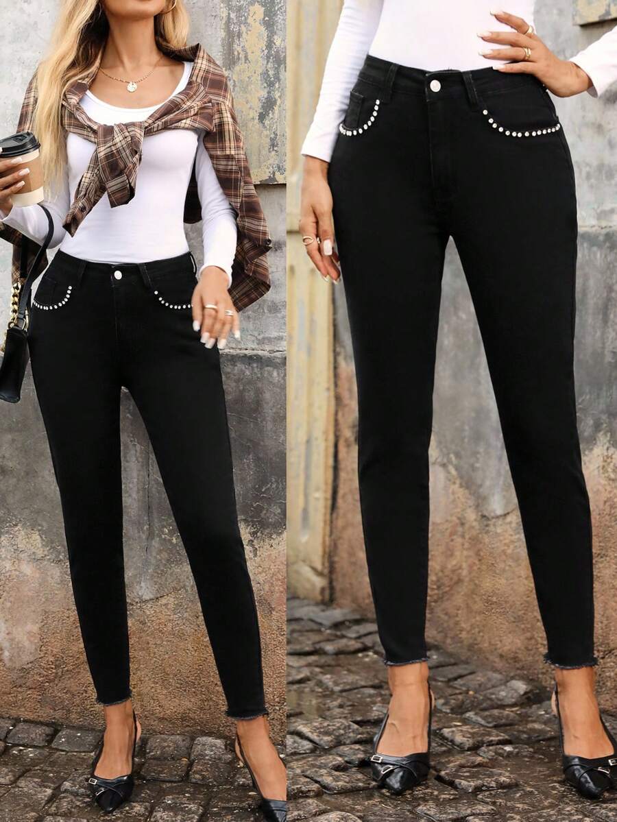 SHEIN LUNE Women's Rhinestone Decor Pocket Skinny Casual Jeans - Black - View 1