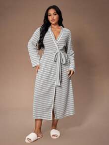Lazeform Plus Size Casual Striped Long Sleeve Women Robe, For Fall & Winter