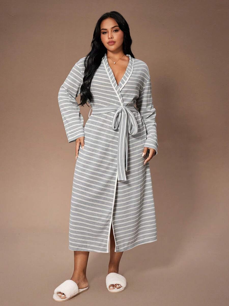 Lazeform Plus Size Casual Striped Long Sleeve Women Robe, For Fall & Winter