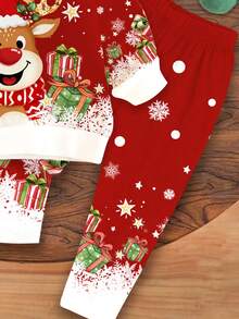 SHEIN Bộ đồ liền thân dài tay cổ tròn dày mềm mại và quần legging cho bé gái dễ thương, hoạt hình vui nhộn, tuần lộc Giáng sinh, nhuộm loang màu bông tuyết Giáng sinh đỏ lễ hội, mùa thu/đông - Nhiều màu - Xem 5