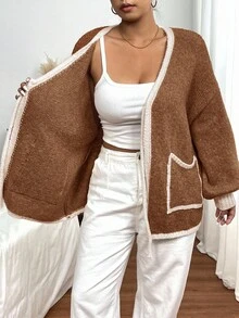 Lounesse Plus Size Casual Colorblock Drawstring Cardigan Sweater In Fall/Winter Brown Cardigan Brown Sweater Oversized Cardigan Sweater Cardigan Knit Cardigan - Multicolor - View 7