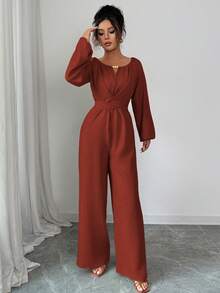 Rafferiza 女士优雅通勤木珠装饰圆领扭腰长袖阔腿连体裤 - 紅木色 - 查看 4