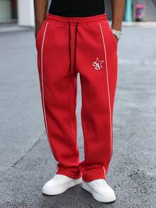 Manfinity EMRG 男士五角星印花抽绳腰直筒宽松休闲运动裤 男士运动裤 专业俱乐部运动裤 红色运动裤 男士运动裤 红色运动裤 - 紅色 - 查看 3