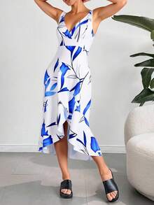 Vestido bohemio de resort para mujer - Azul y blanco - Ver 3