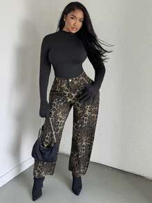 Alexandranx 女式休闲复古豹纹阔腿牛仔裤 - 彩色 - 查看 6