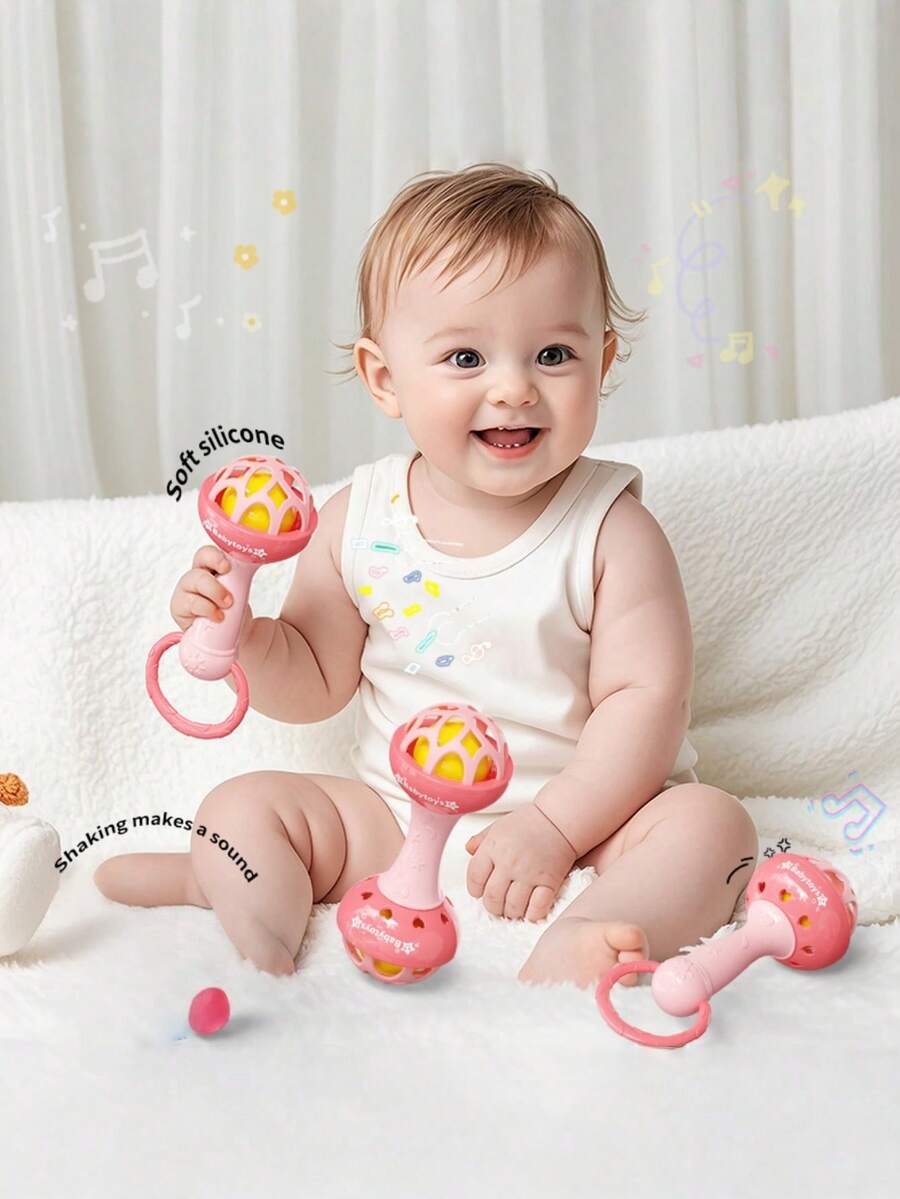 Zazumi 1PC Single Double Head Pink Bunny Rattle Teether Toy Baby Infant Sensory Learning Toy Chewable   Developmental Gift - Multicolor - View 1