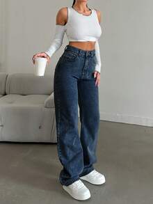 EURMUSE Quần Jeans Ống Đứng 100% Cotton Giặt Tuyết - Màu xanh bụi bặm - Xem 3