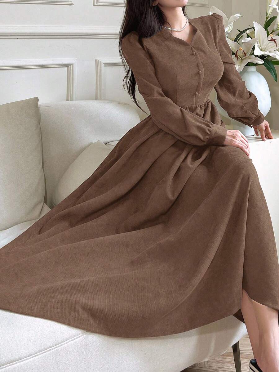 Feyla 女式休闲纯色连衣裙,秋季 - 棕色 - 查看 1