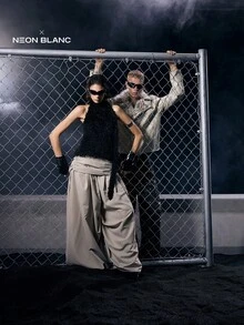 SHEIN EZwear 2025新款极简主义秋冬联名系列女装纯色腰部褶裥阔腿宽松裤、阔腿裤、裹身裙裤 - 杏色 - 查看 8