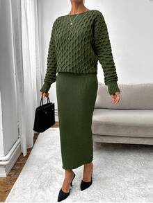 EURMUSE Kvinnor Grön Ribbstickad Långärmad Tröja Klänning & Pullover Tröja - Grön - Visa 4