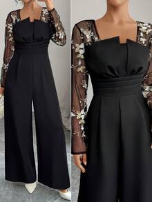 Elenzga 女士优雅网眼刺绣长袖连体裤 - 黑色 - 查看 1