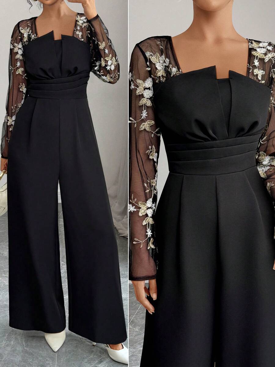 Elenzga 女士优雅网眼刺绣长袖连体裤 - 黑色 - 查看 1