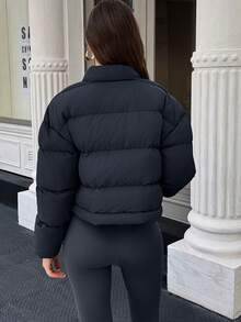 SHEIN LUNE 女式纯色简约休闲长袖保暖棉服 - 藏蓝色 - 查看 2