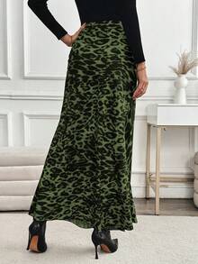 EMERY ROSE Casual High-Waisted Leopard Print Long Skirt, Spring/Summer Women Skirt - Dark Green - View 2