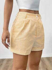 SHEIN EZwear Women's Casual Striped Roll-Up Hem Shorts, Summer - Yellow - View 3