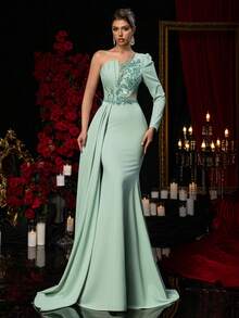 Glamrae Elegant Dark Green Textured Knit Dress,Handmade Sequin Applique Embellishments,One-Shoulder Puffy Long-Sleeved Fishtail Skirt With Train Evening Gown - Green - View 6