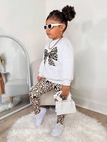 SHEIN 2pcs/Set Girls Cute Bow & Leopard Print Loose Sweatshirt + Leggings, Thickened, Versatile, Fashionable Casual Outfit - Multicolor - View 4