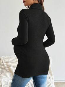 SHEIN 孕妇哺乳上衣，纯色简约日常穿着，高领长袖衬衫 - 黑色 - 查看 2