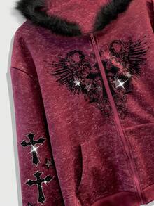 ROMWE MEN Goth 男士秋季街头哥特风水钻十字图案抓绒连帽卫衣，长袖上衣 - 彩色 - 查看 4