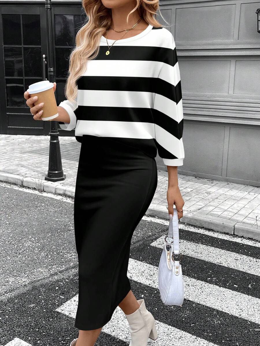 SHEIN LUNE 女士休闲黑白条纹两件套，适合秋冬季 - 彩色 - 查看 1
