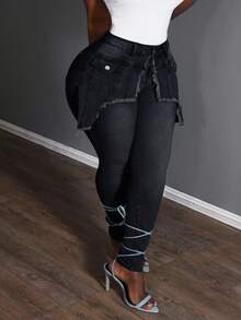 Slaydiva Celana Jeans Skinny Fashion Wanita Ukuran Plus dengan Hiasan Rumbai Patchwork - Grey - View 4