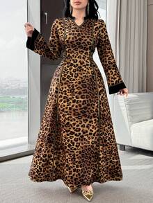 Al Najma 女式秋季豹纹V领长袖抽绳腰阿拉伯风格连衣裙 - 黃色 - 查看 6