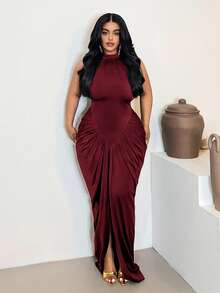 Maweii Plus Size Ruched Waist Sleeveless Bodycon Dress - Burgundy - View 5
