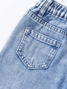 Young Girl' Retro Sweet Colorful Embroidered Casual Loose Comfortable Washed Light Blue Denim Wide Leg Pants