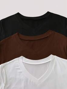 SHEIN 大码女式纯色V领短袖休闲百搭T恤 - 彩色 - 查看 4