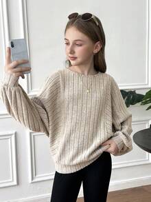 SHEIN 少女休闲纯色罗纹圆领宽松套头卫衣，百搭/宽松版型/返校/运动休闲/学院风/复古美式风格/连帽衫