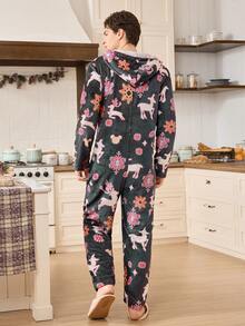 CoupledUp Christmas Deer & Snowflake Fleece Long Sleeve Jumpsuit Men's Pajama - Grey - View 4