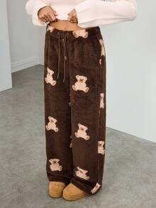 SHEIN Tall Women's Casual Cartoon Bear Pattern Drawstring Waist Teddy Fleece Long Pants, Autumn/Winter - Brown - View 4