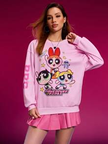 THE POWERPUFF GIRLS X SHEIN Damen Lässiger, süßer Blüten-, Blasen-, Butterblumen-Muster Oversized Rundhalsausschnitt Sweatshirt, Herbst