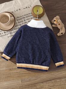SHEIN Baby Boy V-Neck 2 In 1 Knitted Sweater, High Collar Knit Pullover For Autumn/Winter - Navy Blue - View 2
