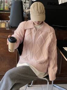 DAZY Women's Collared Cardigan, Argyle Knit, Casual Sweater - Pink - View 5