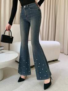 DAZY 女式水钻装饰喇叭牛仔裤，休闲牛仔裤 - 中等水洗藍 - 查看 3