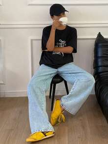 Dazy Tall 女式高腰豹纹宽松休闲街头风牛仔裤 - 藍色 - 查看 6