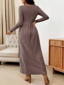 SHEIN Đầm suông dài tay cổ tròn màu trơn cho bà bầu - Cà phê nâu - Xem 2