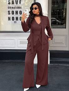 Easura Bộ đồ vest thường ngày cho nữ cỡ lớn, áo khoác kẻ sọc dài tay một hàng khuy và quần ống rộng - Màu Đỏ Sâu - Xem 6