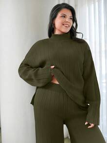 EURMUSE Suéter informal con cuello alto y cordones para tallas grandes - Verde militar - Ver 7