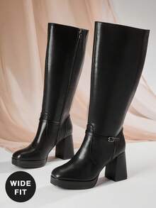 SHUZIA 女式宽筒时尚舒适粗跟及膝靴，带金属扣装饰 - 黑色 - 查看 6