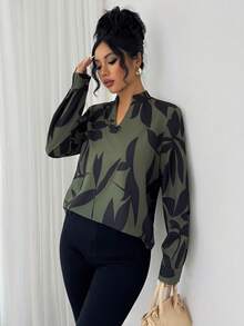 Elenzga Áo sơ mi dài tay tối giản in họa tiết ngẫu nhiên dành cho nữ - Màu xanh Ô liu - Xem 4