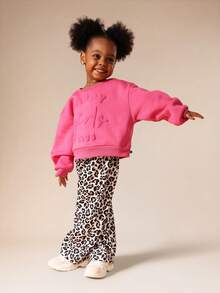 SUMWON Girls Boxy Pink Sweatshirt With Raised Text Design Pullover And Leopard Print Sweatpants Crew Neck Long Sleeve Top Vacation - Multicolor - View 7