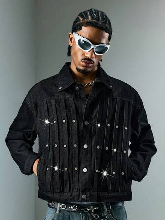 Street Life Men's Turquoise Rhinestone Decor Long Sleeve Denim Jacket