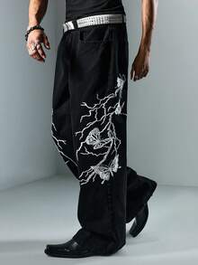 ROMWE MEN Anime Quần Jeans Denim Thêu Tia Chớp Tối Cho Nam - màu đen - Xem 5