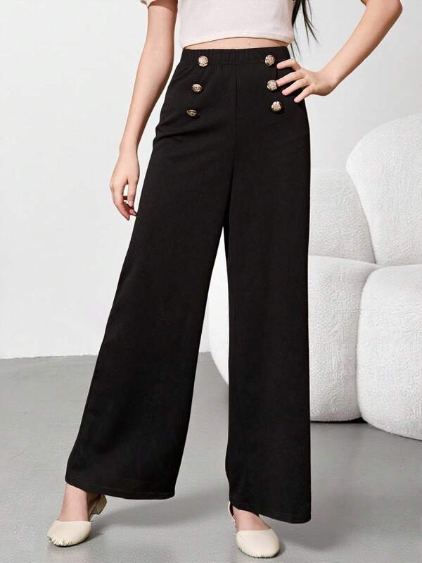 SHEIN Teen Girls High Waist Button Front Wide Leg Pants