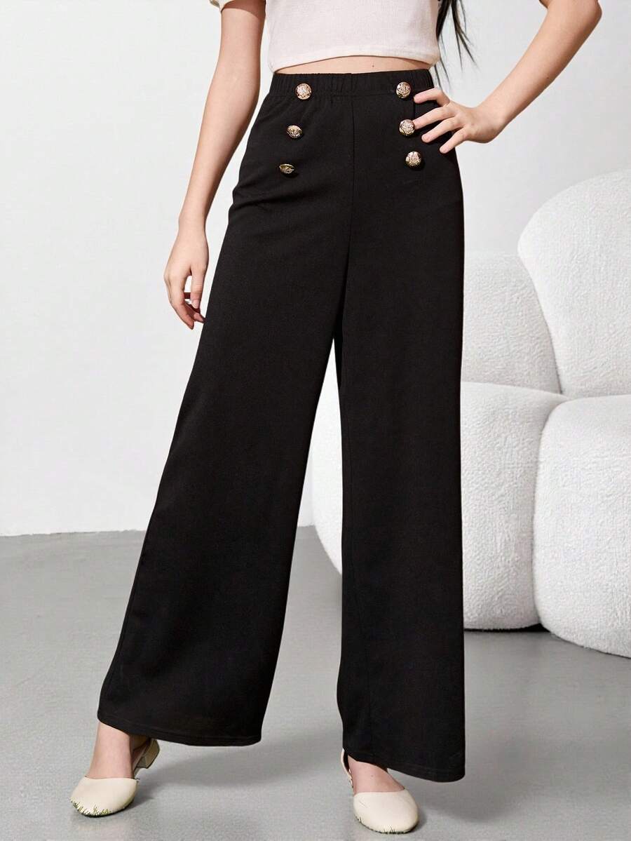 SHEIN Teen Girls High Waist Button Front Wide Leg Pants - Black - View 1