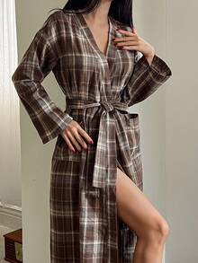 DAZY Women's Plaid Minimalist Loose Fit Long Sleeve Robe, Winter - Brown - View 5