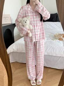 SHEIN Teen Girls 2pcs Valentine's Day Pajama Set, Pink Cute Bow Plaid Pattern Pocket Lapel Long Sleeve Top And Straight Leg Loose Casual Pants Pj Set Pink Plaid Pajama Set Cute Pj Set Cute Pajama Set - Pink - View 1