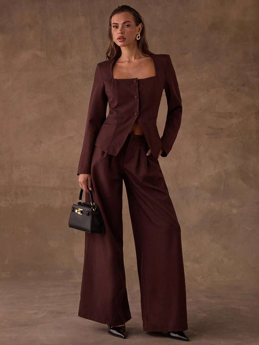 SHEIN BAE Áo khoác Blazer tối giản, ôm vừa vặn, màu trơn tinh tế - màu nâu - Xem 1